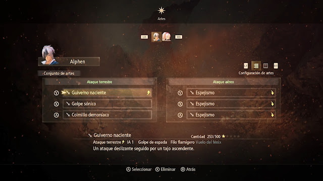 Pantalla de selección artes Ataque terrestre aéreo Tales of Arise Pantalla de selección artes Ataque terrestre aéreo Tales of Arise