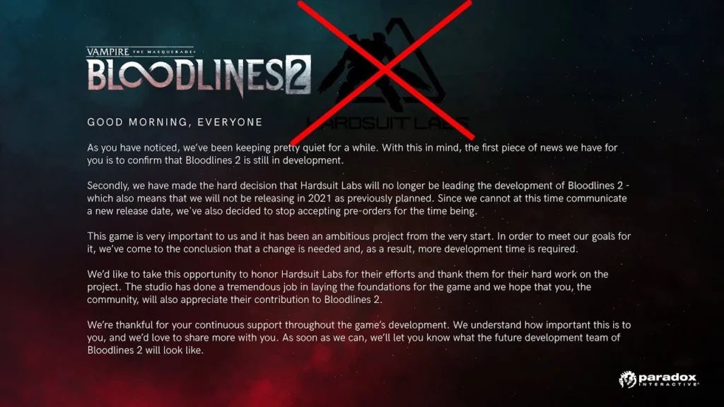 Comunicado de Paradox sobre Hardsuit Labs